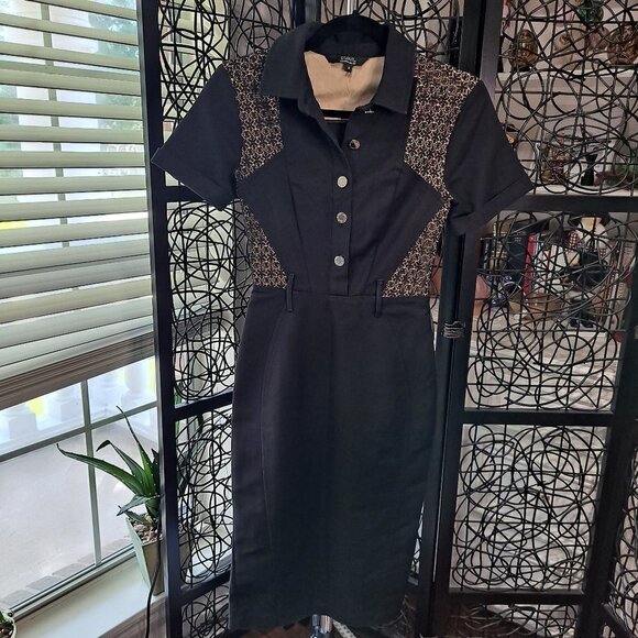Star by Julien McDonald US Size 4 Black Button Up Shirt Dress Lace Accent NWOT - Picture 1 of 11